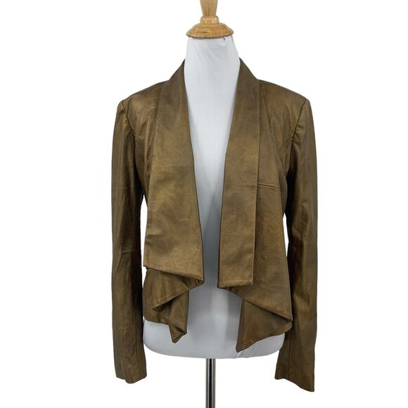 Cache Jackets & Blazers - Cache Jacket Womens 0 Metallic Gold Open Front Waterfall Shoulder Pad Cropped